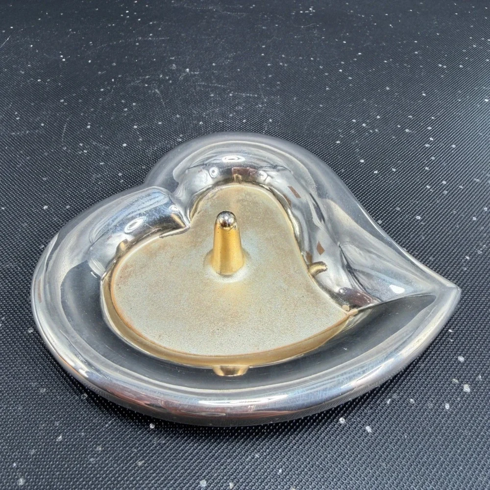 Lenox Heart Shaped Ring Holder Silver Gold Tone Metal Jewelry Trinket Dish 4in